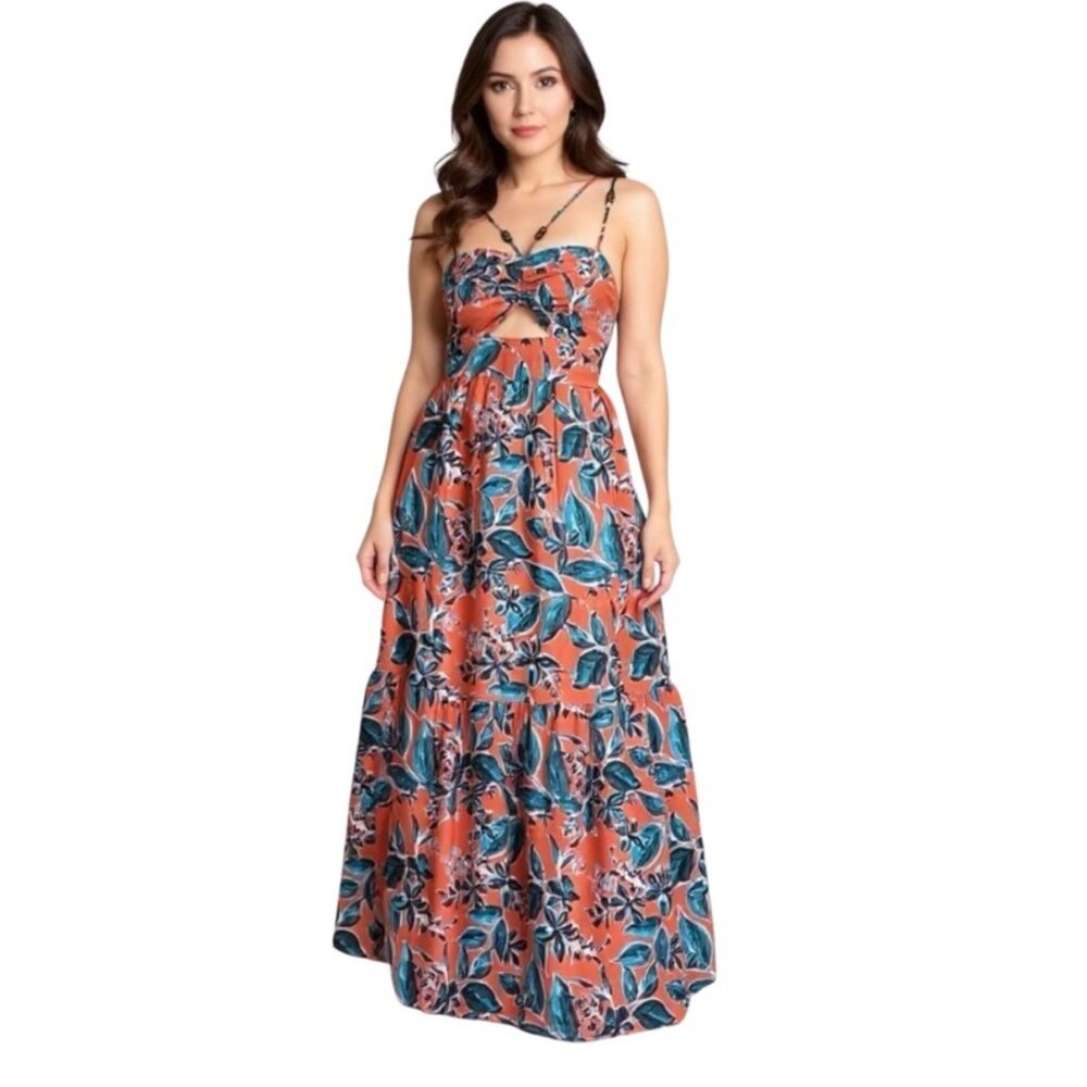 Jason Wu Linen Blend Tropical Beaded Tiered Maxi Long Dress Women's size XS